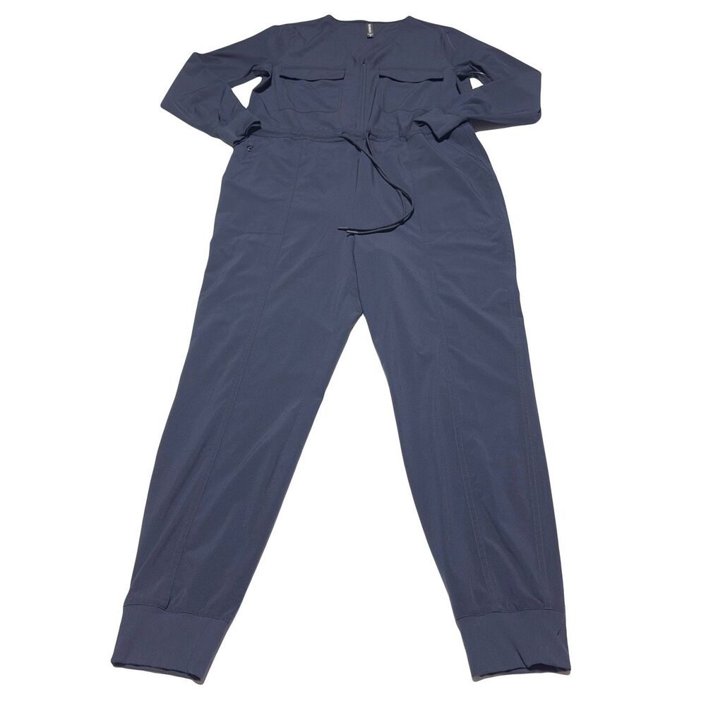 Athleta Women's Zuma Jumpsuit  V Neck Long Sleeve Ankle NAVY Size M Drawstring